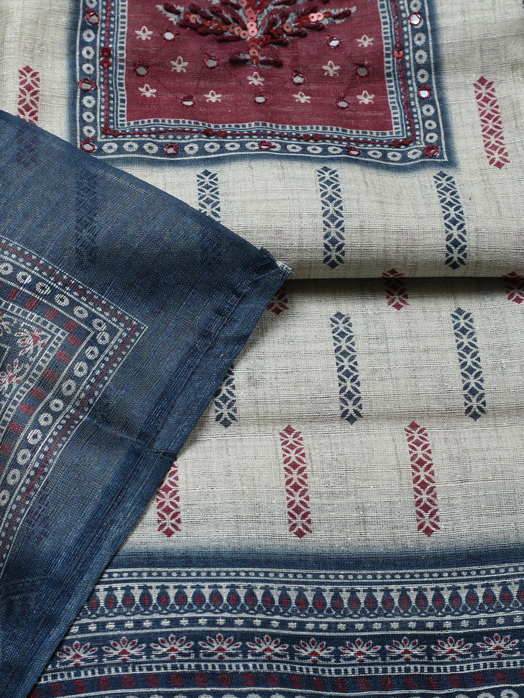 Printed Cotton Blend Unstitched Suit With Pant &amp; Dupatta