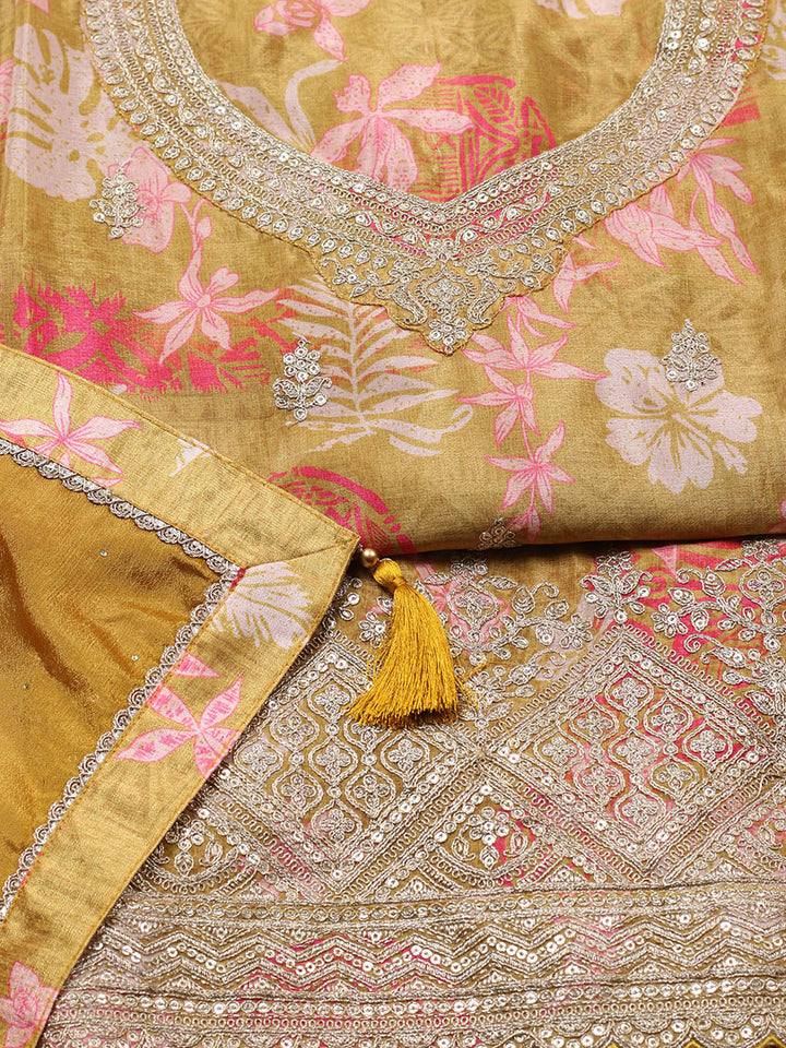 Embroidered Chinon Unstitched Suit With Pant &amp; Dupatta