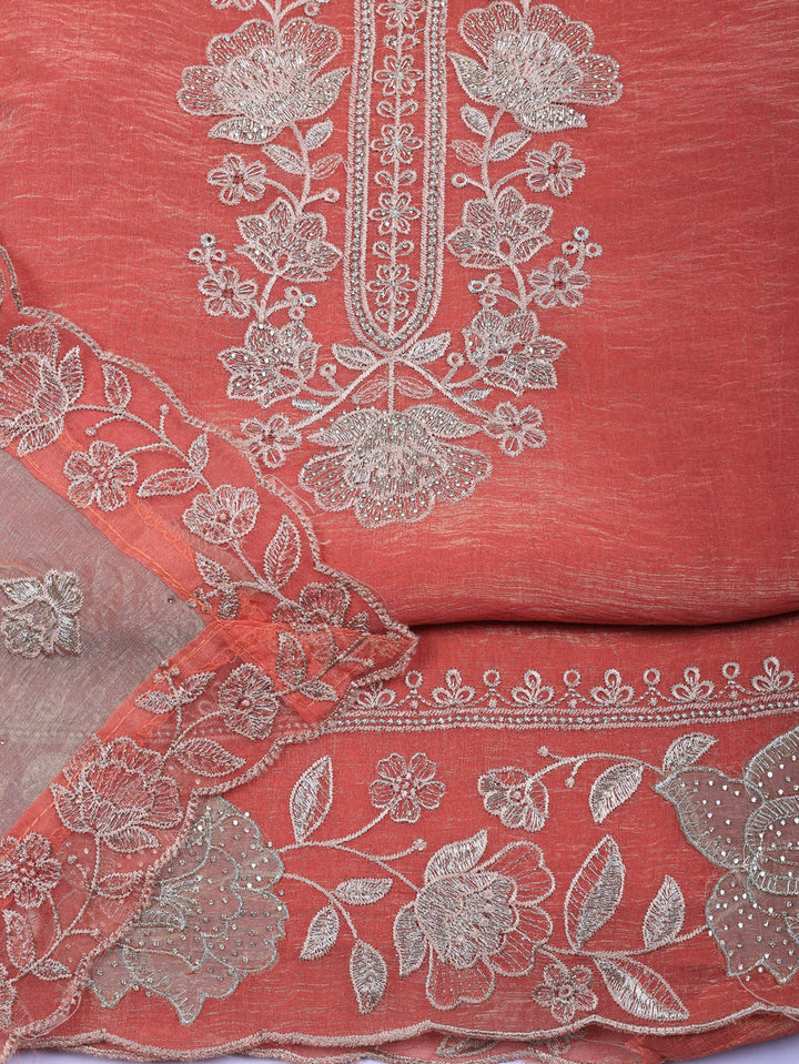 Embroidered Tissue Unstitched Suit With Pant &amp; Dupatta