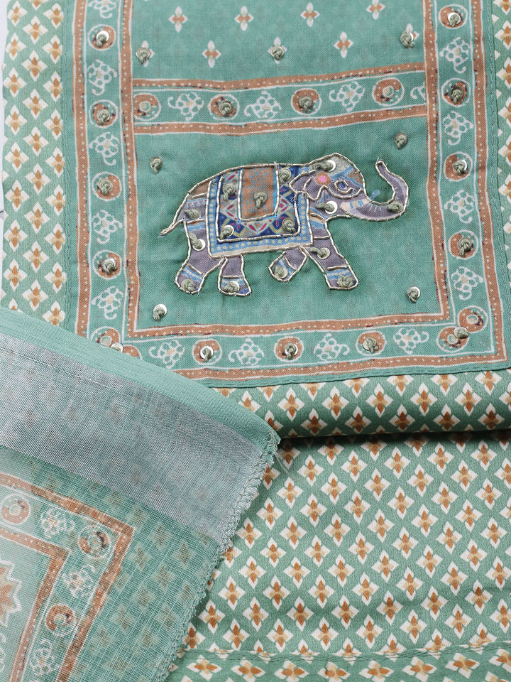Printed Cotton Blend Unstitched Suit With Pant &amp; Dupatta