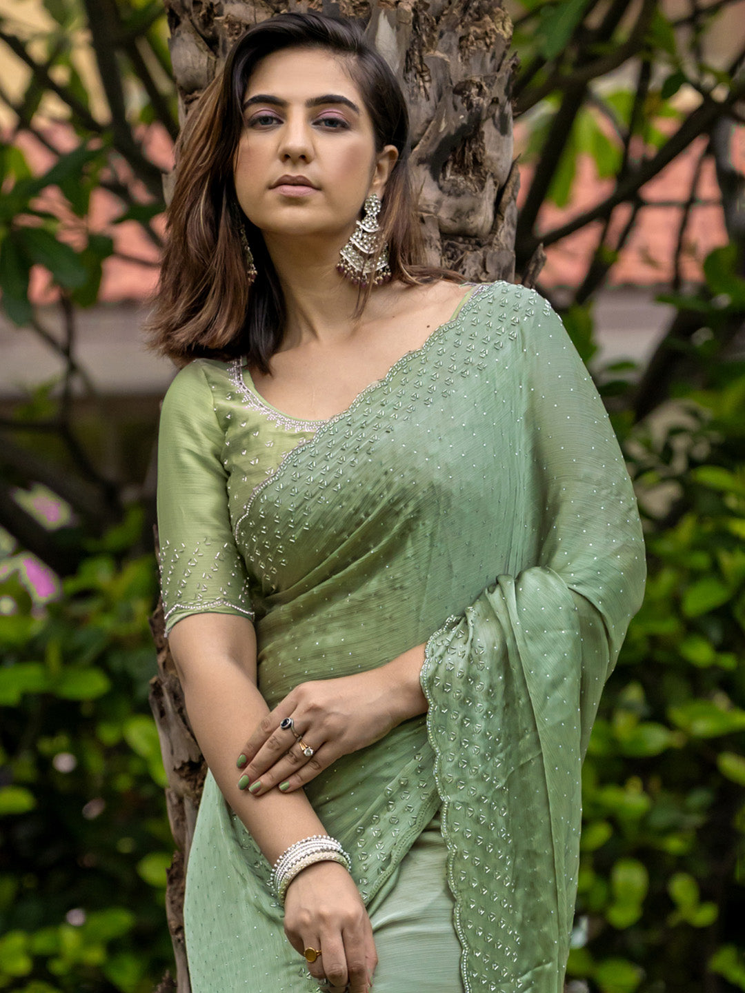 Embroidered Chinon Saree