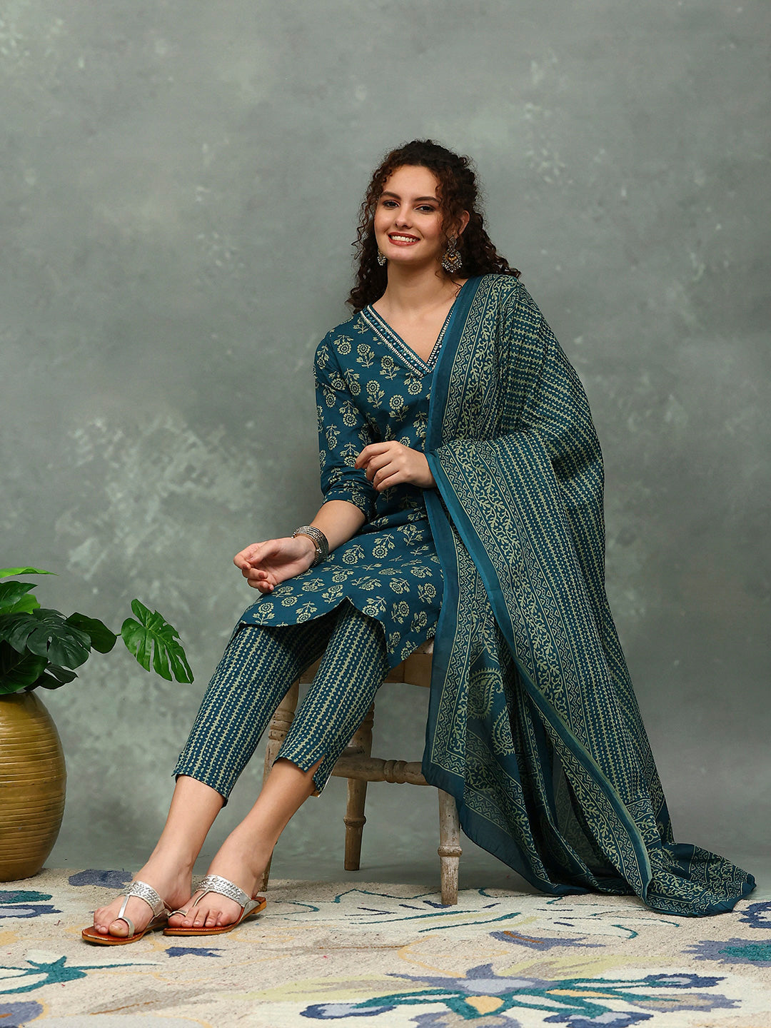 Printed Cotton Blend Kurta With Pants & Dupatta