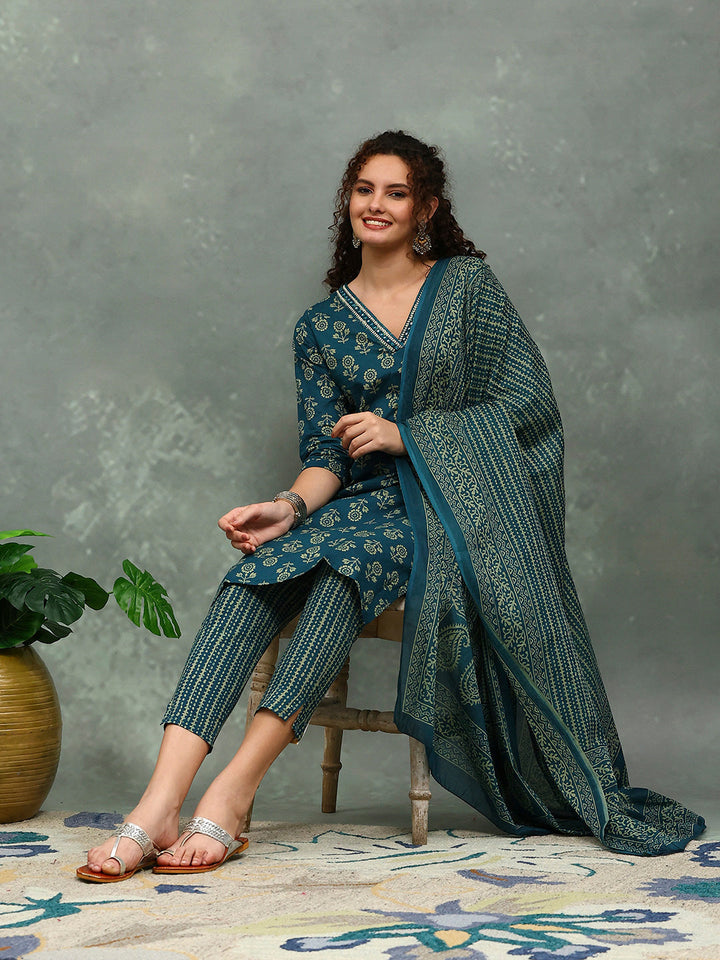 Printed Cotton Blend Kurta With Pants &amp; Dupatta