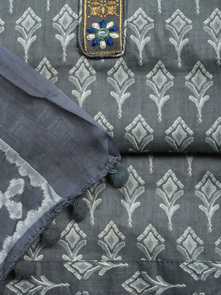 Embroidered Cotton Blend Unstitched Suit With Pant &amp; Dupatta