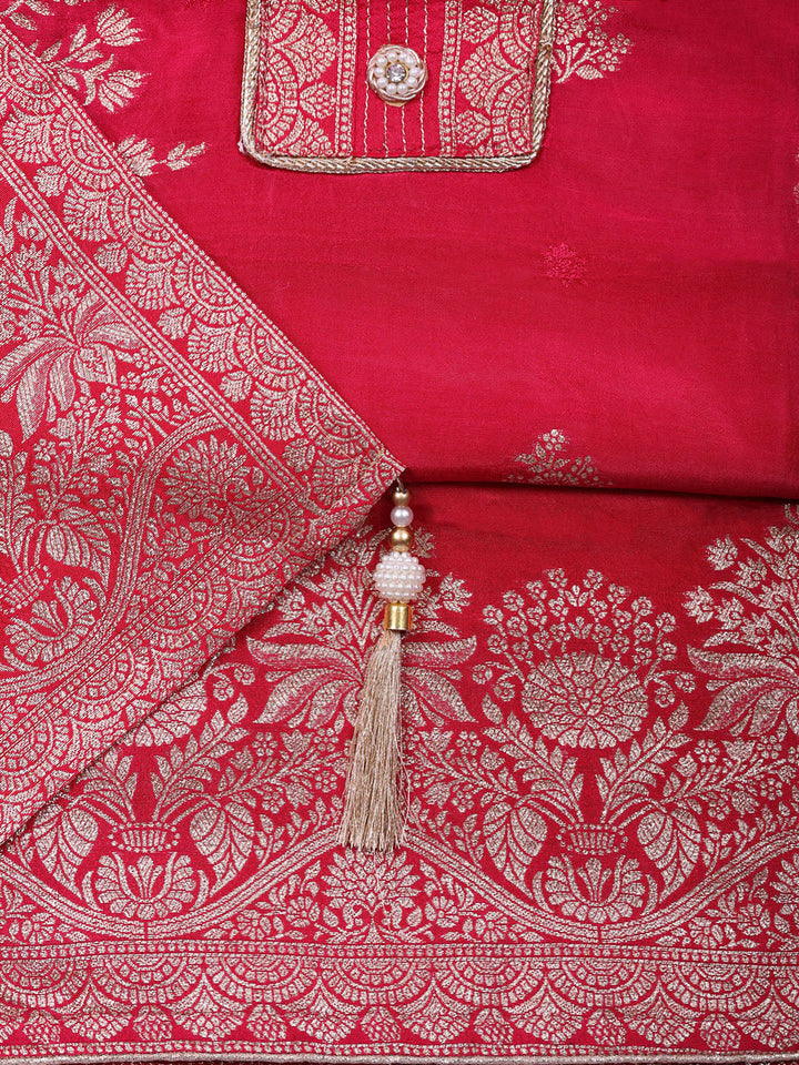 Embroidered Chanderi Unstitched Suit With Pant &amp; Dupatta