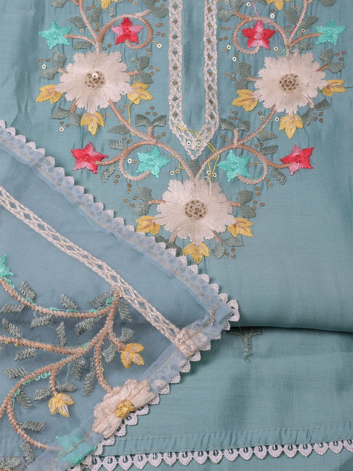 Embroidered Chanderi Unstitched Suit With Pant &amp; Dupatta