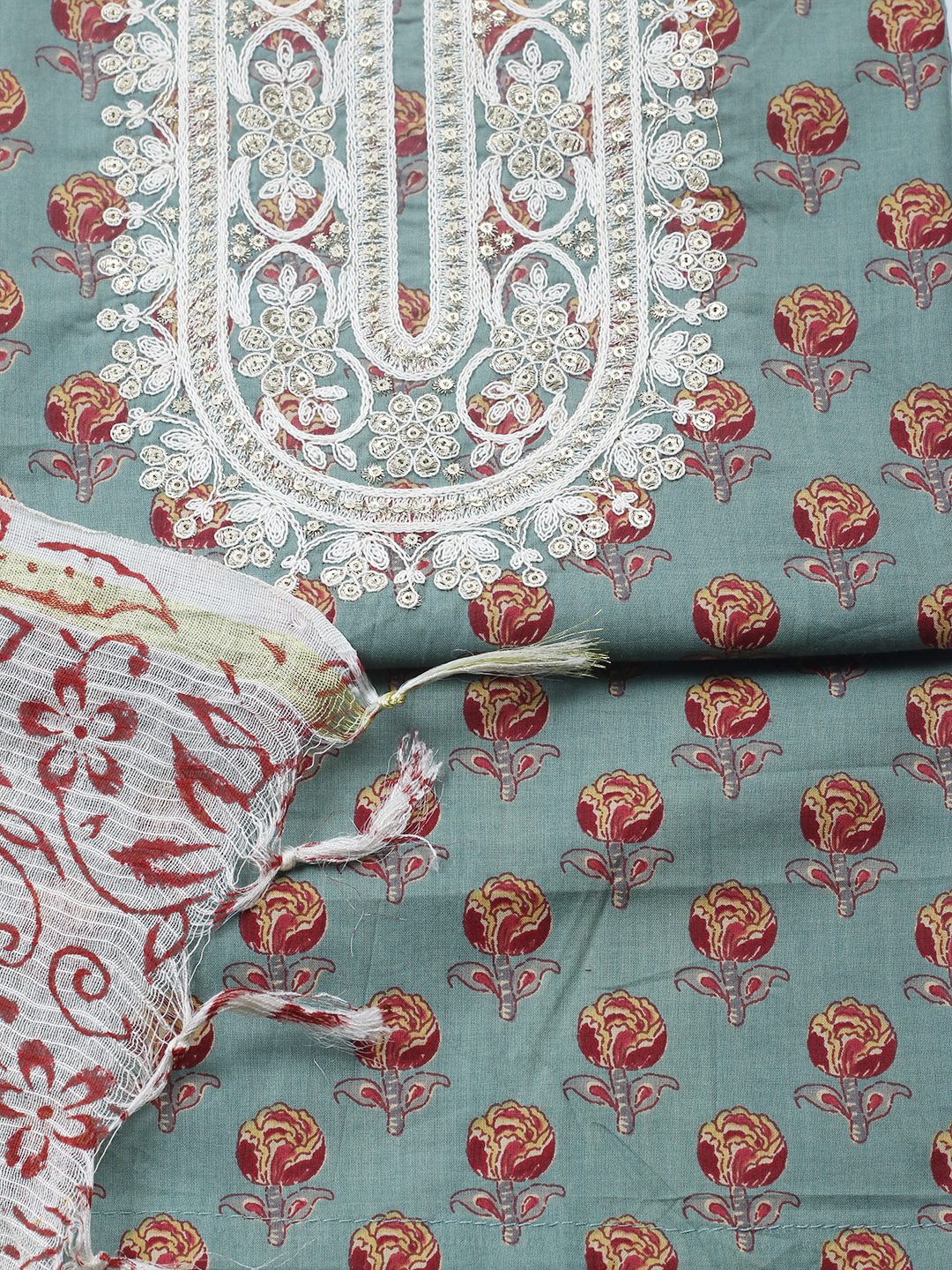 Printed Cotton Blend Unstitched Suit With Pant &amp; Dupatta