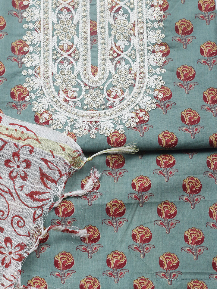 Printed Cotton Blend Unstitched Suit With Pant &amp; Dupatta
