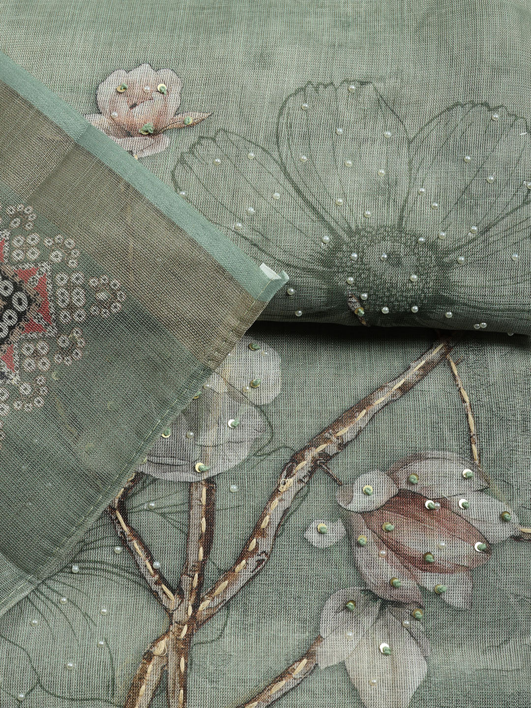 Printed Linen Blend Unstitched Suit With Pant &amp; Dupatta