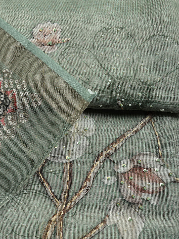 Printed Linen Blend Unstitched Suit With Pant &amp; Dupatta