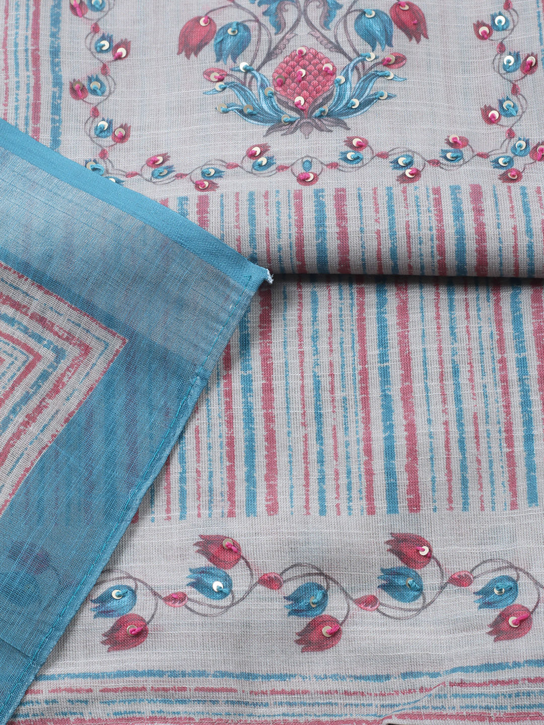 Printed Linen Blend Unstitched Suit With Pant &amp; Dupatta