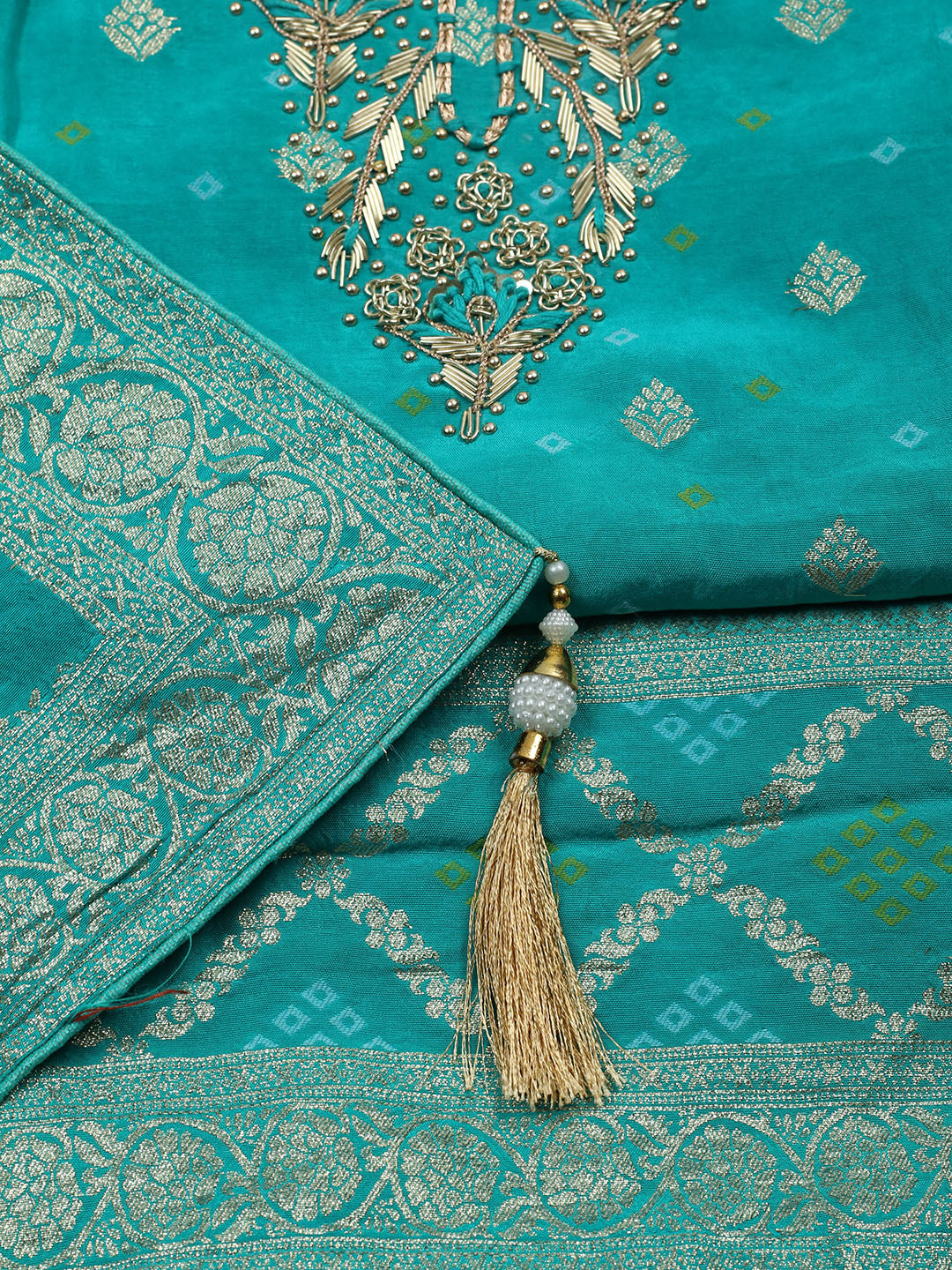 Embroidered Chanderi Unstitched Suit With Pant &amp; Dupatta