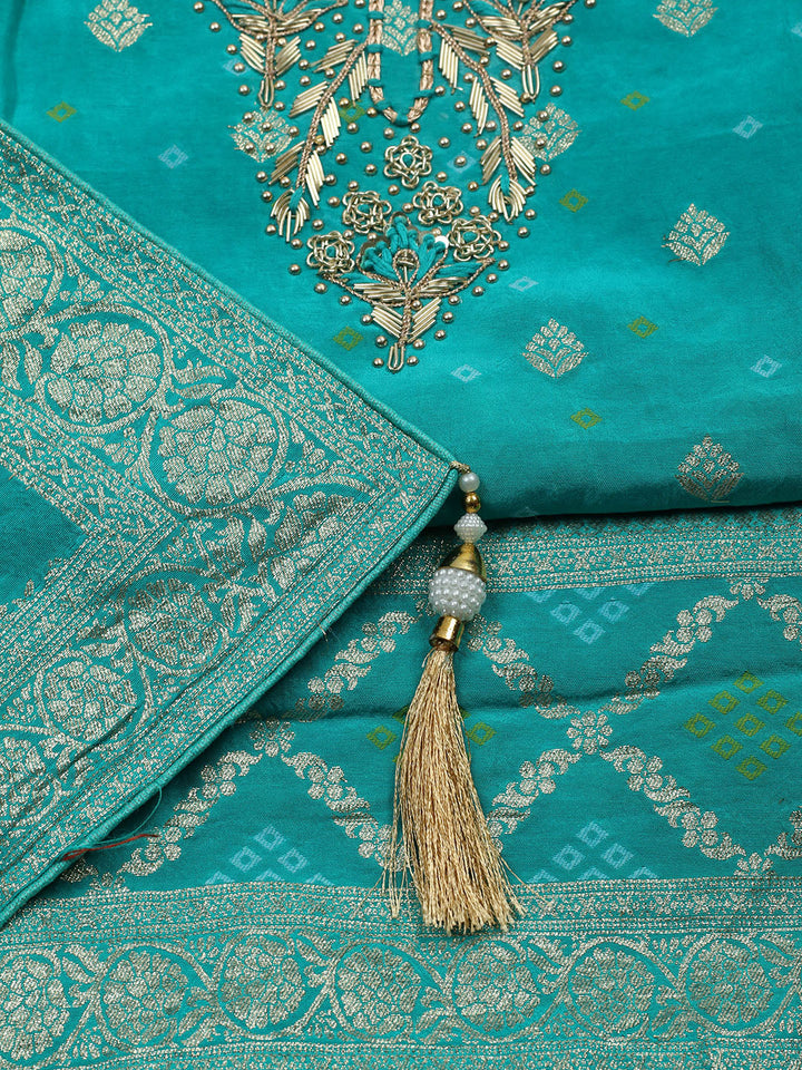 Embroidered Chanderi Unstitched Suit With Pant &amp; Dupatta