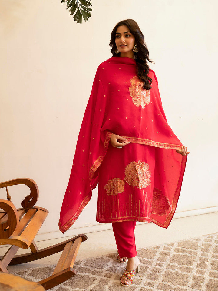 Woven Design Silk Kurta With Pant &amp; Dupatta