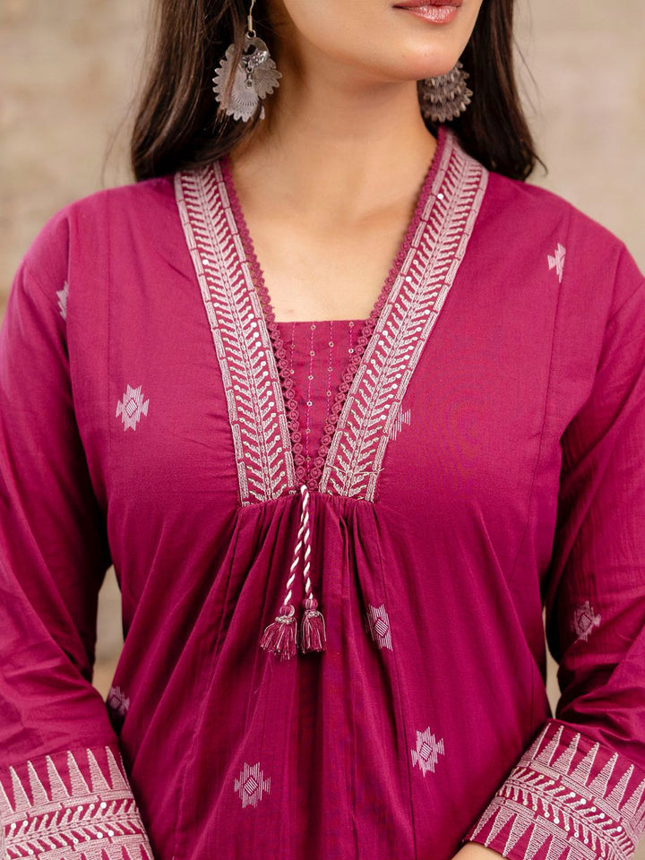 Wine Cotton Blend Printed Straight Suit Set