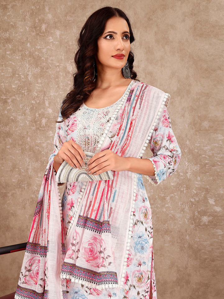 Neck Embroidery Cotton Blend Kurta With Pants &amp; Dupatta