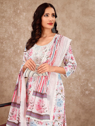 Neck Embroidery Cotton Blend Kurta With Pants & Dupatta