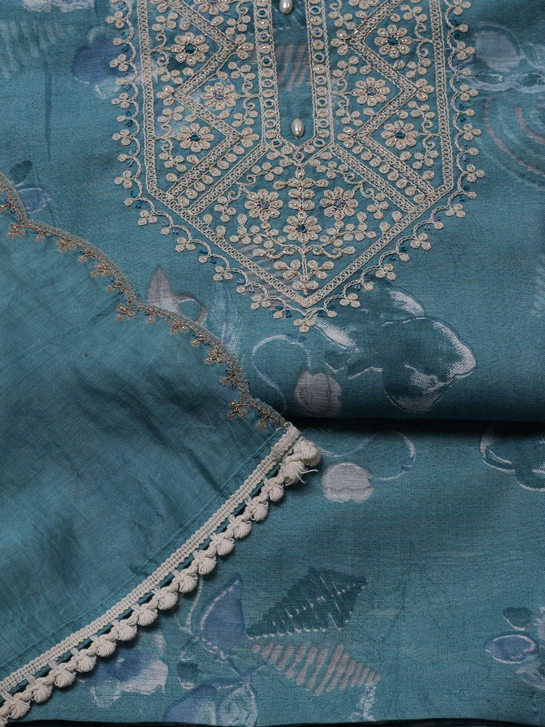 Neck Embroidered Chanderi Unstitched Suit With Dupatta