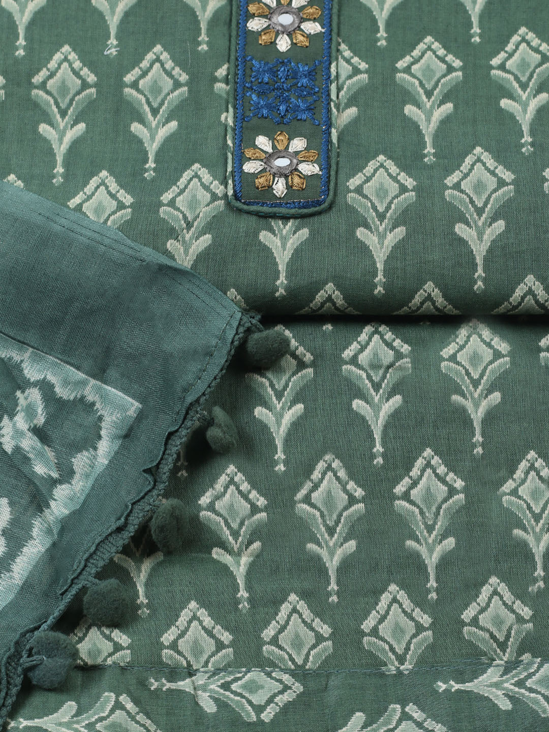 Embroidered Cotton Blend Unstitched Suit With Pant &amp; Dupatta
