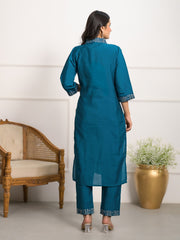 Neck Embroidered Chanderi Kurta With Pants & Dupatta