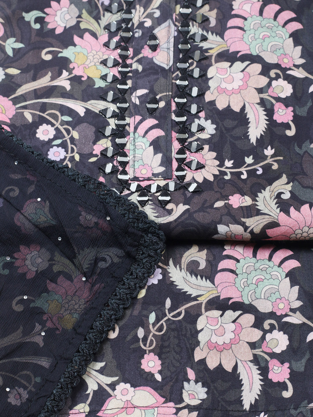 Embellished Cotton Blend Unstitched Suit With Pant &amp; Dupatta