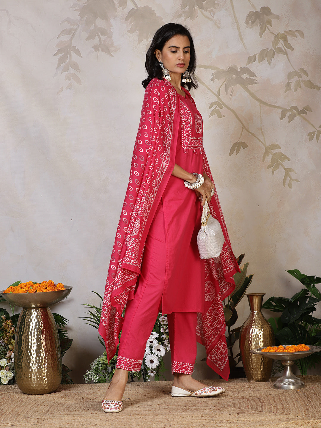 Printed Cotton Blend Kurta With Pants & Dupatta