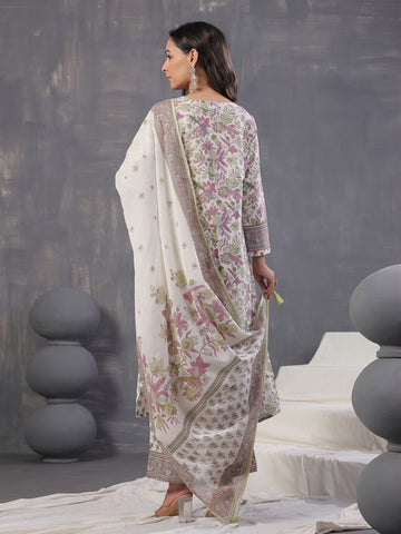 Floral Print Cotton Kurta With Pants & Dupatta