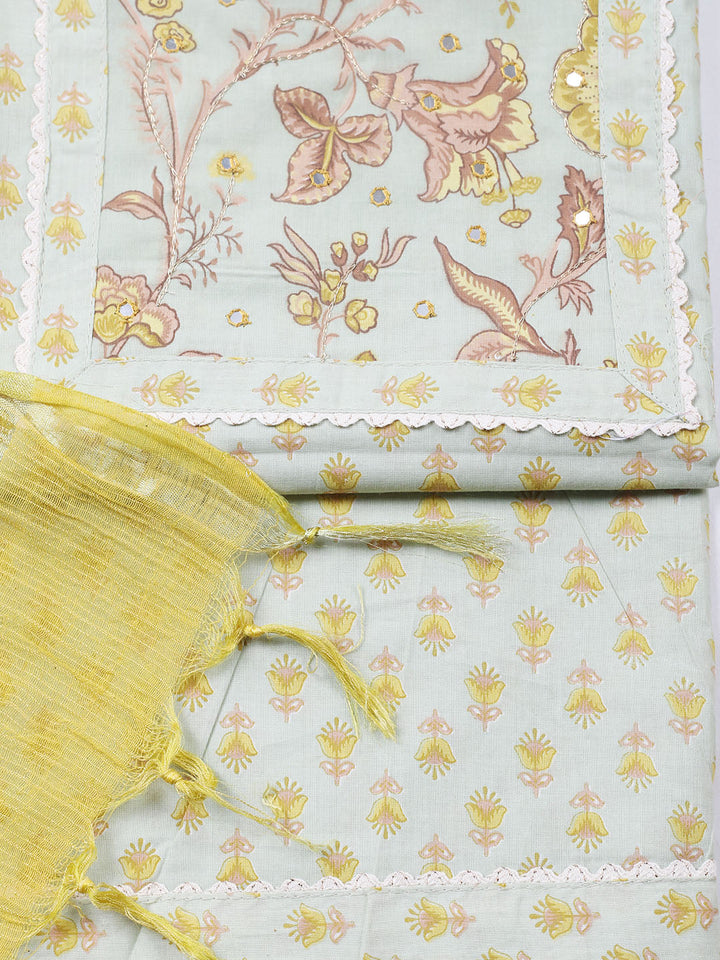 Printed Cotton Blend Unstitched Suit With Pant &amp; Dupatta