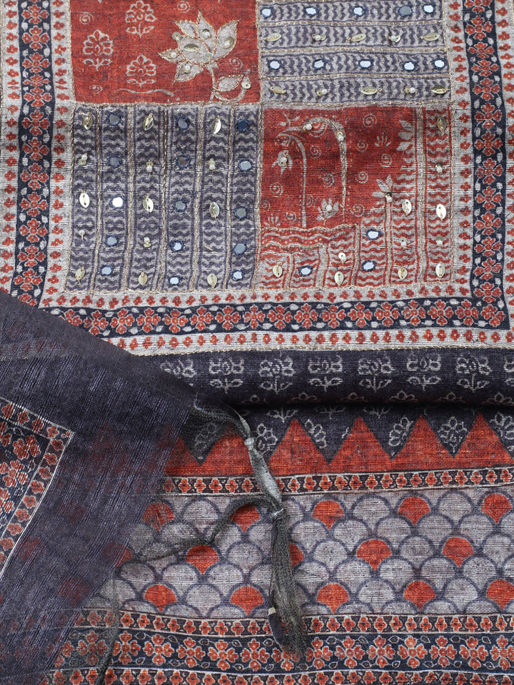 Embroidered Chanderi Unstitched Suit With Pant &amp; Dupatta