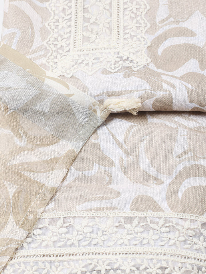 Embroidered Linen Blend Unstitched Suit With Pant &amp; Dupatta