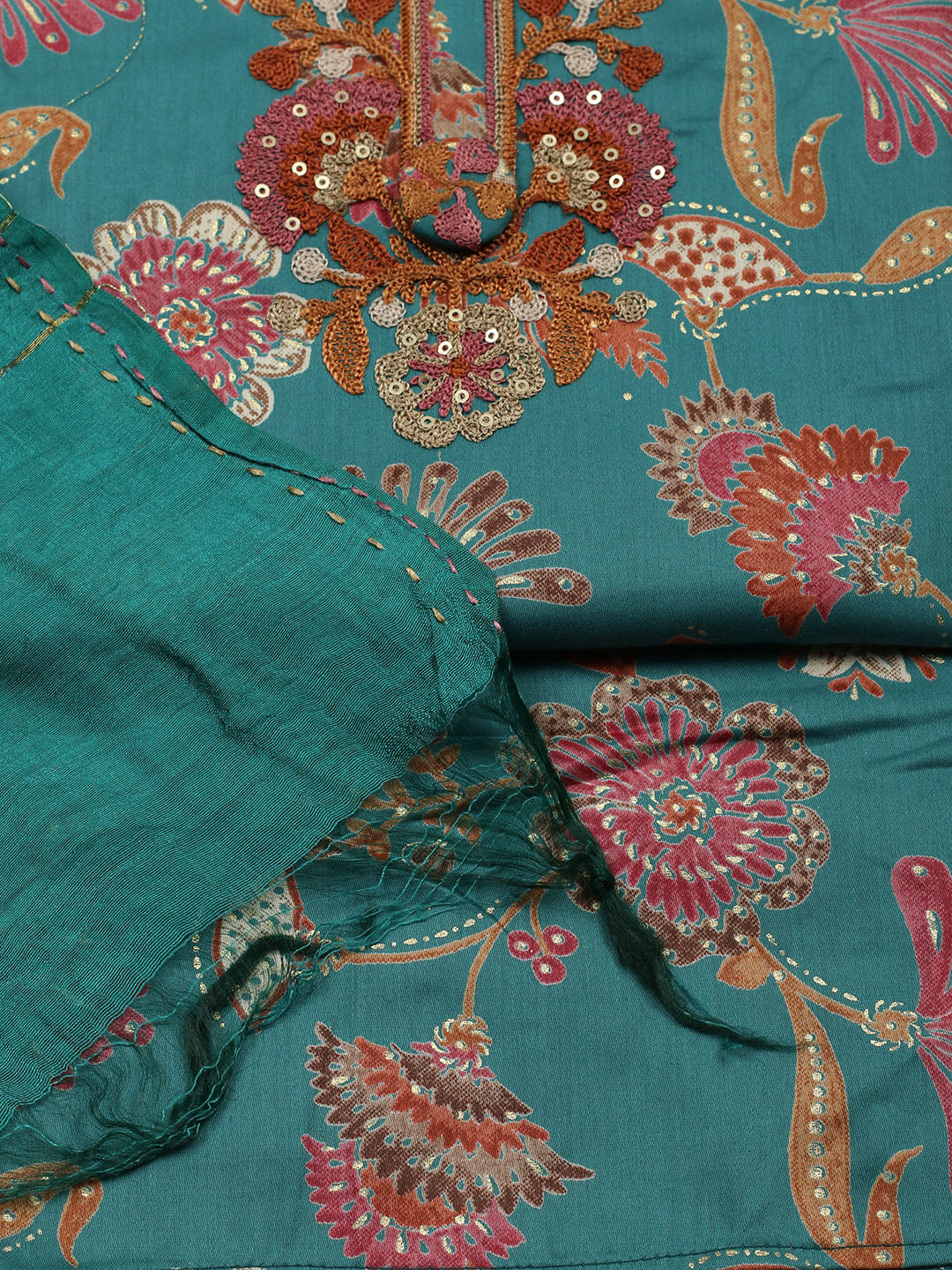 Embroidered Cotton Blend Unstitched Suit With Pant &amp; Dupatta