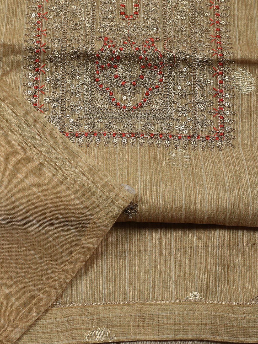 Embroidered Chanderi Unstitched Kurta With Pant & Dupatta