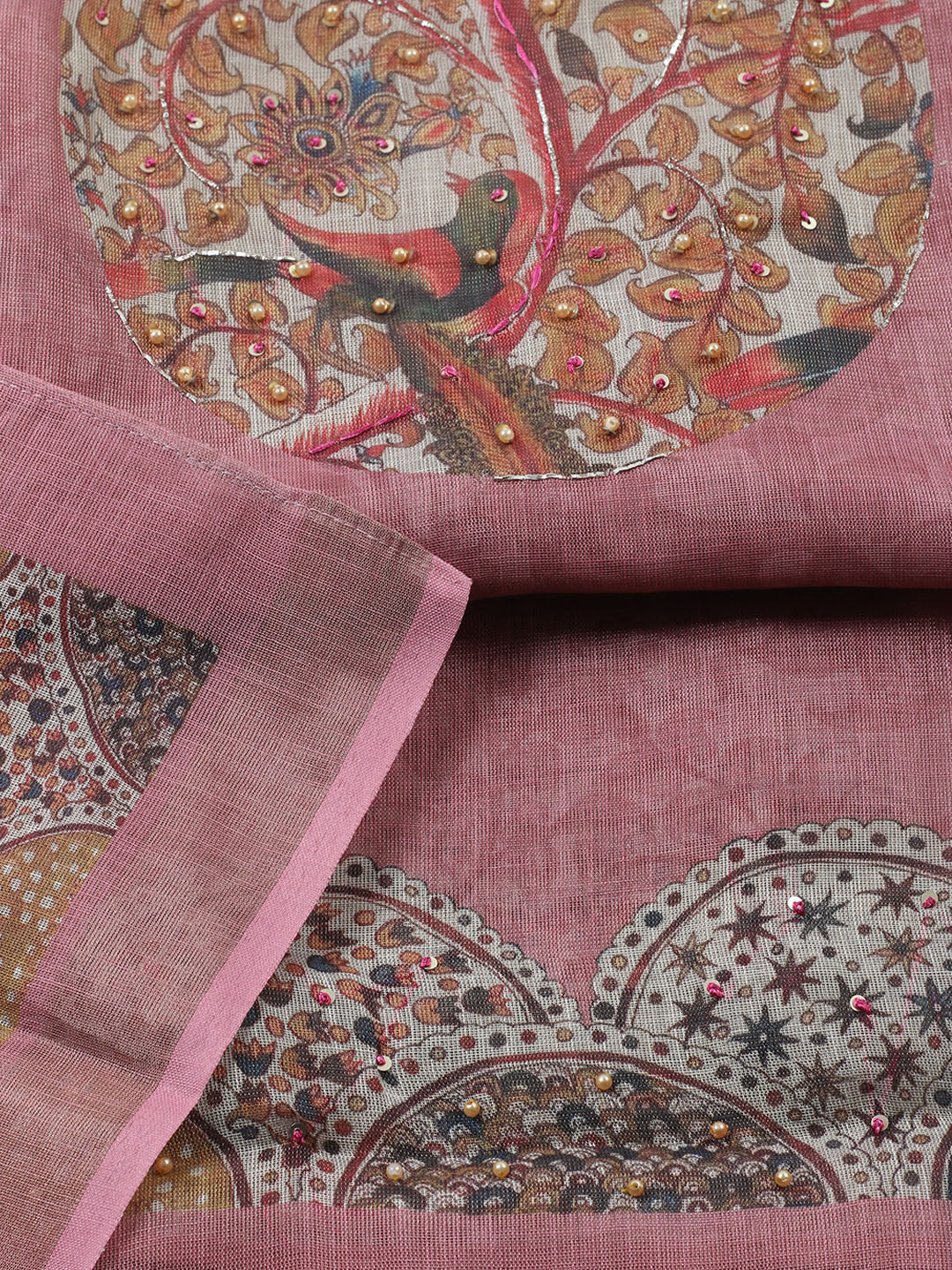Printed Linen Blend Unstitched Suit With Pant &amp; Dupatta