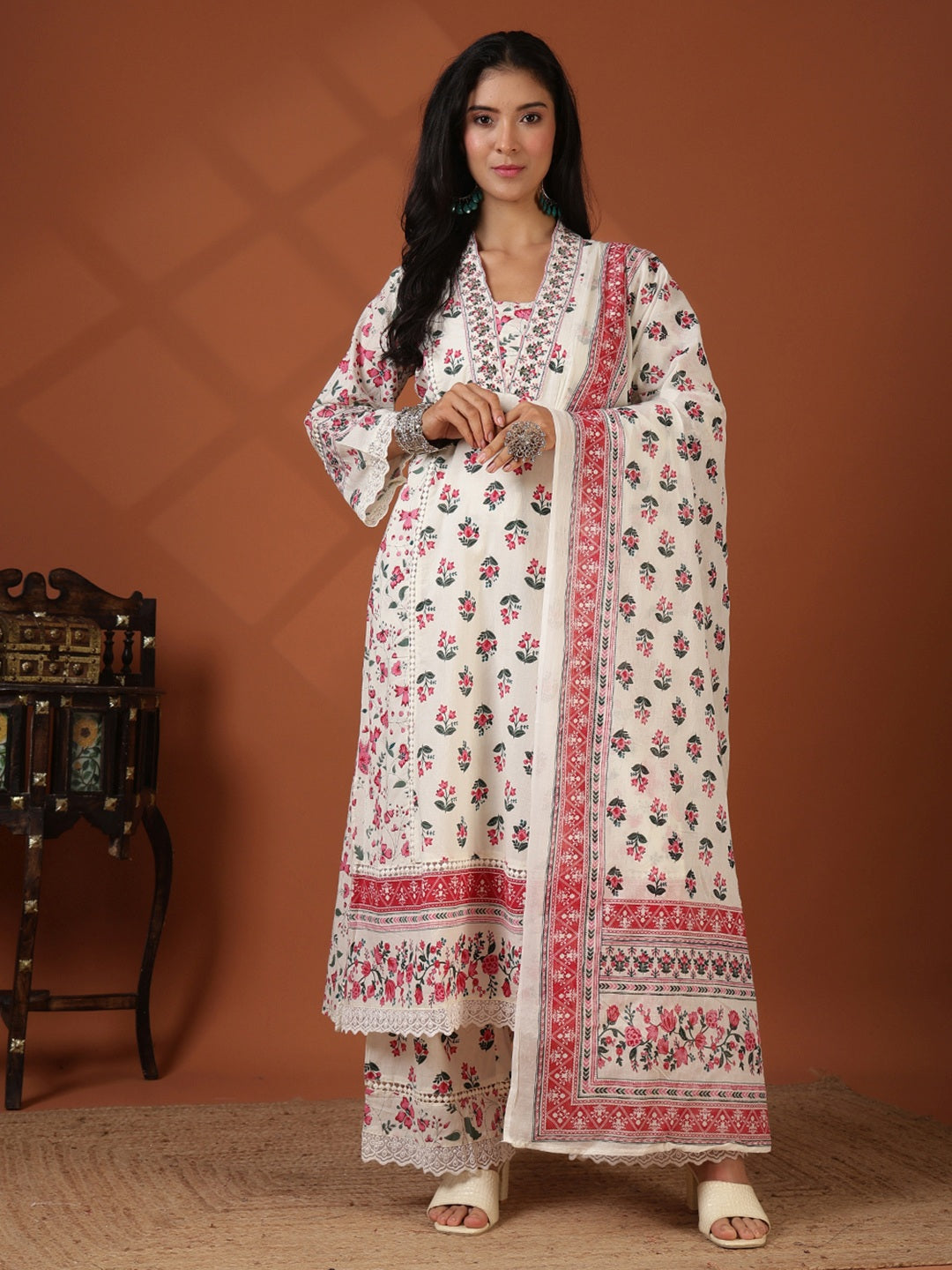 Printed Cotton Blend Kurta With Pant &amp; Dupatta