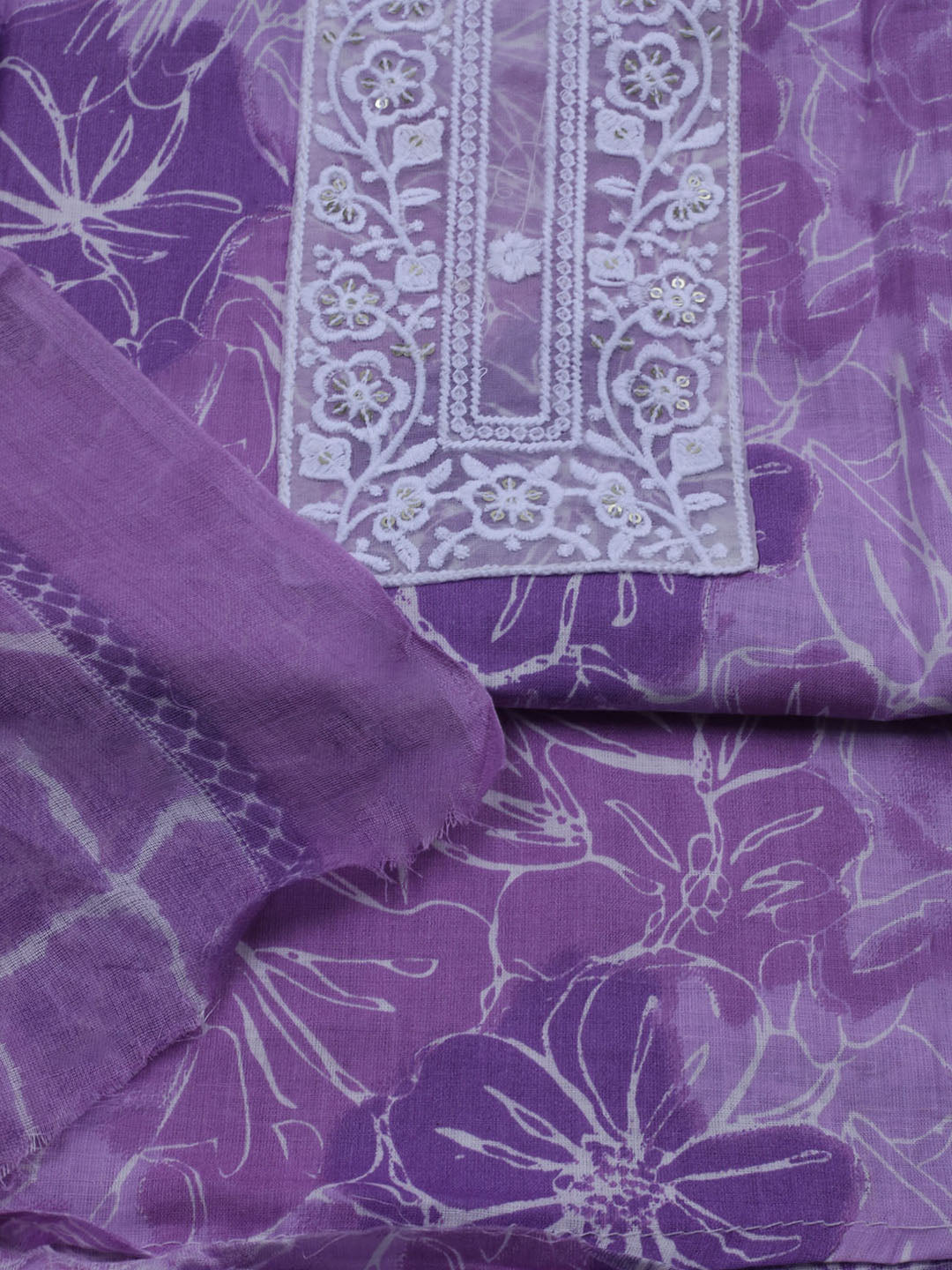 Patch Neck Cotton Blend Unstitched Suit With Dupatta
