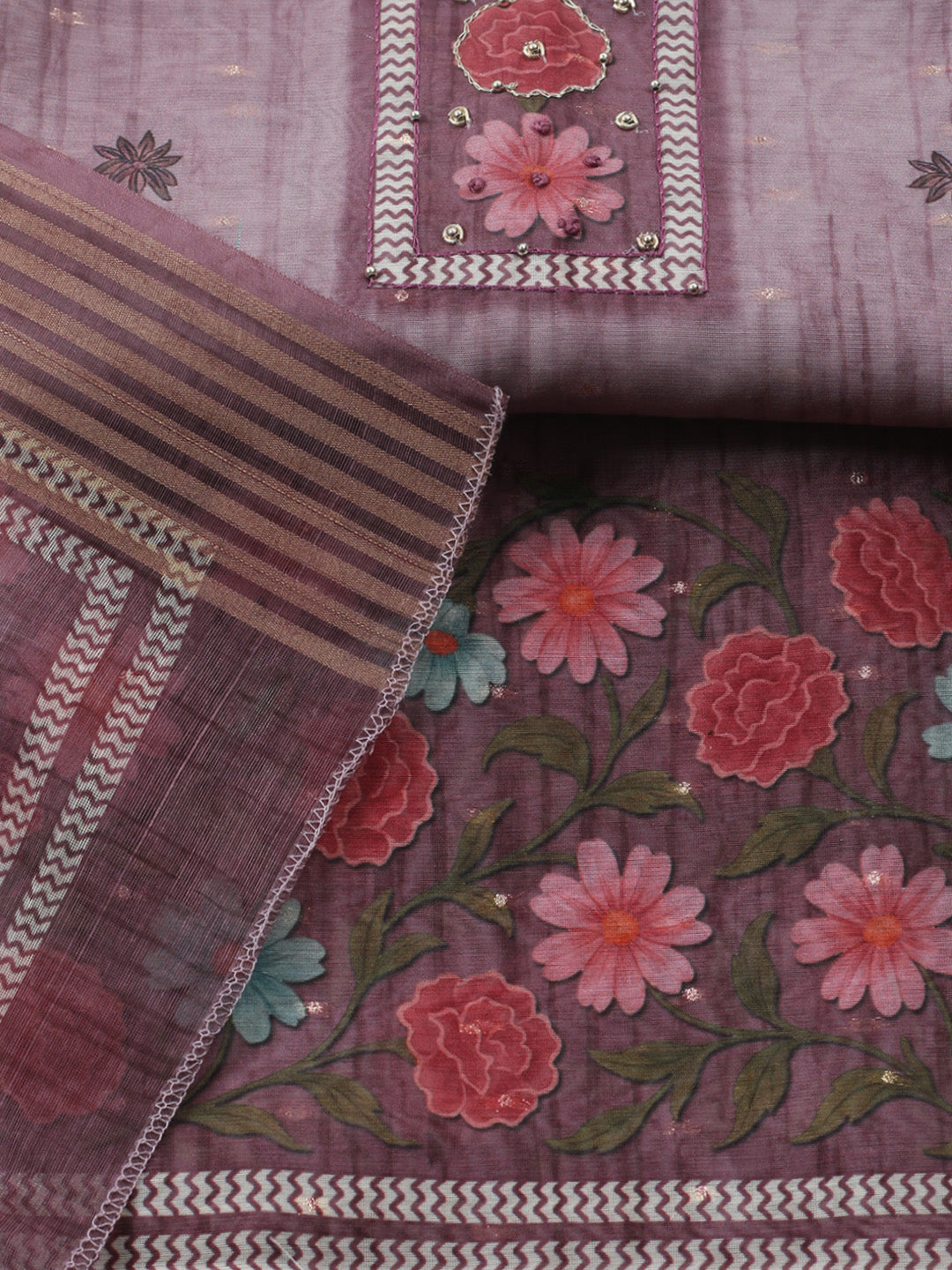 Embroidered Cotton Blend Unstitched Suit With Pant &amp; Dupatta