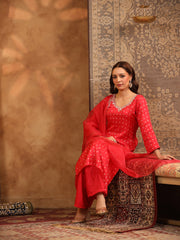 Neck Embroidered Art Silk Kurta With Pants & Dupatta