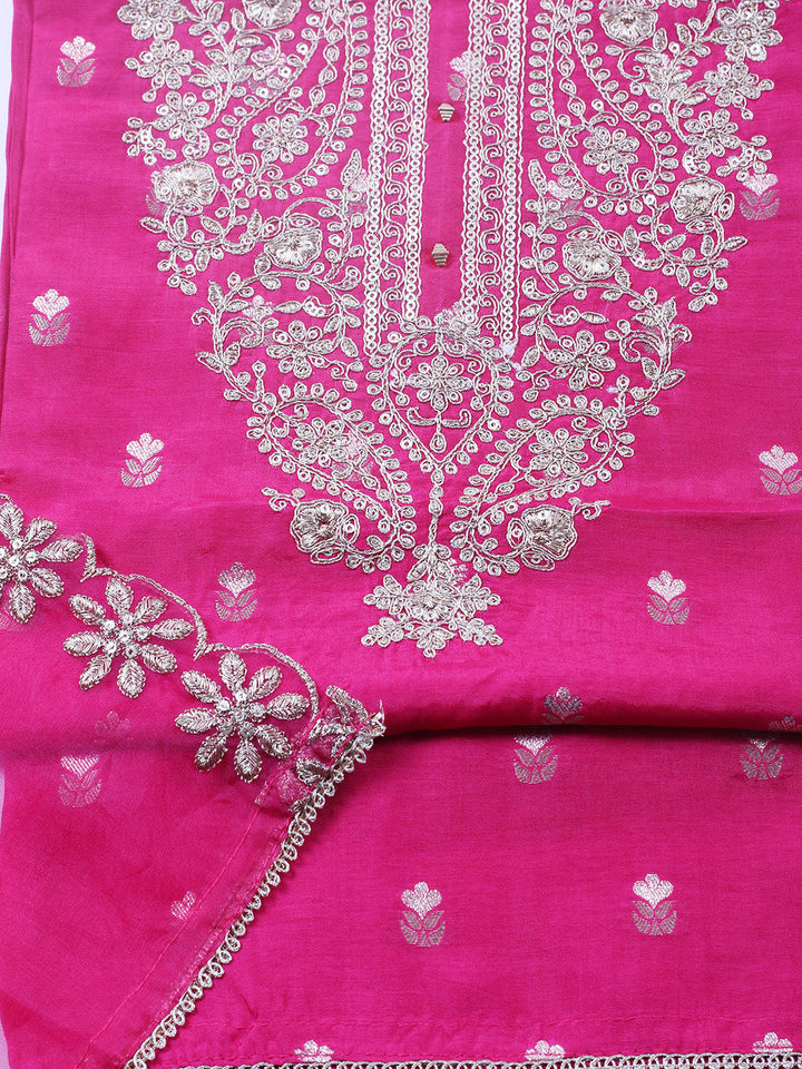 Embroidered Chanderi Unstitched Suit With Pant &amp; Dupatta