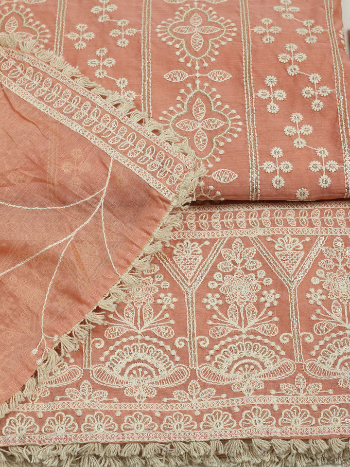 Embroidered Chanderi Unstitched Suit With Pant &amp; Dupatta