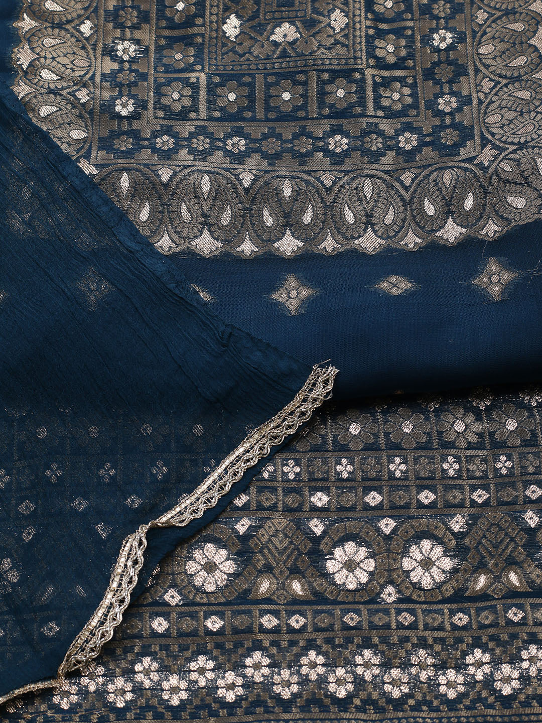 Woven Design Chanderi Unstitched Suit With Pant &amp; Dupatta