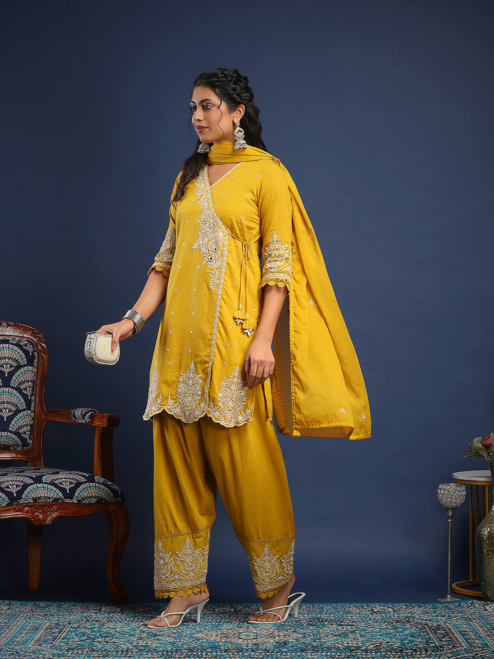 Embroidered Cotton Kurta With Pant &amp; Dupatta