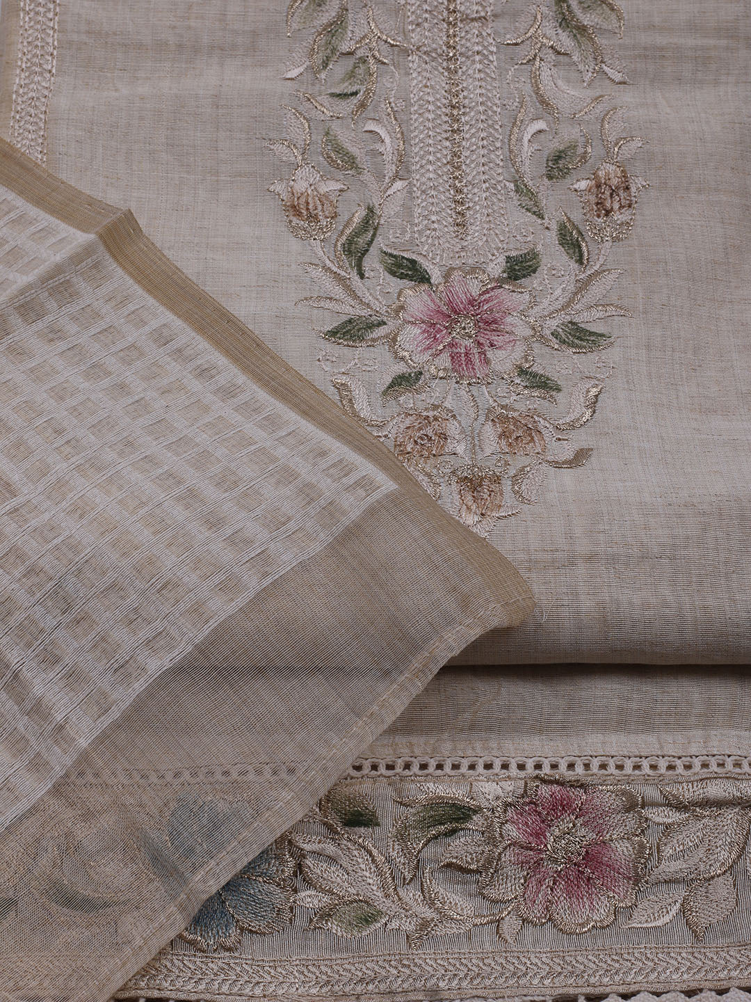 Embroidered Chanderi Unstitched Suit With Dupatta