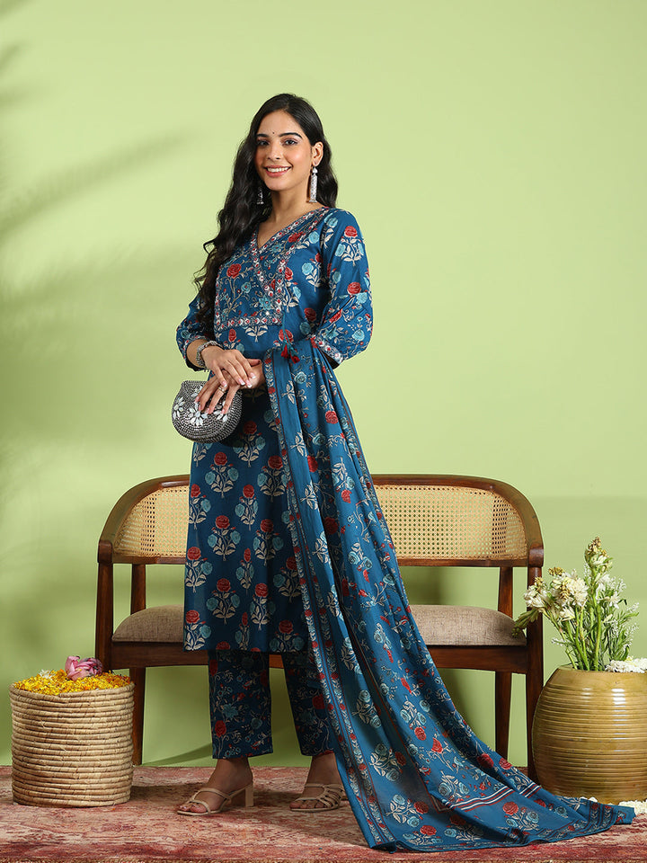 Printed Cotton Kurta With Pant &amp; Dupatta