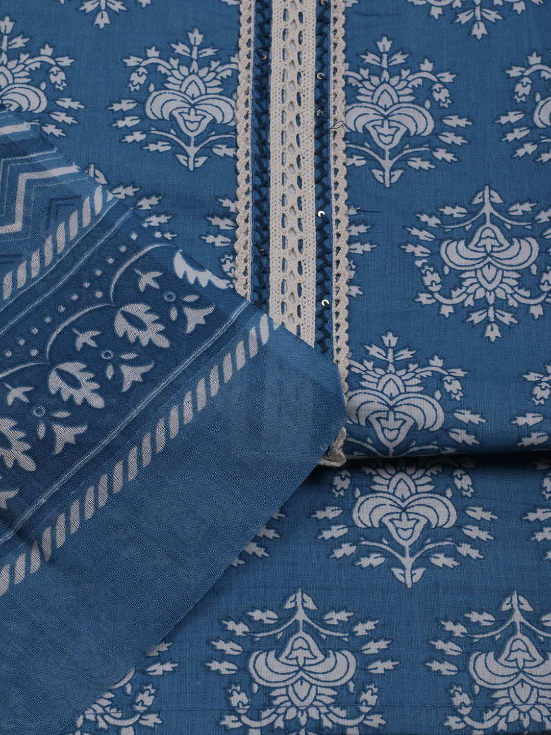 Patch Neck Cotton Blend Unstitched Suit With Dupatta