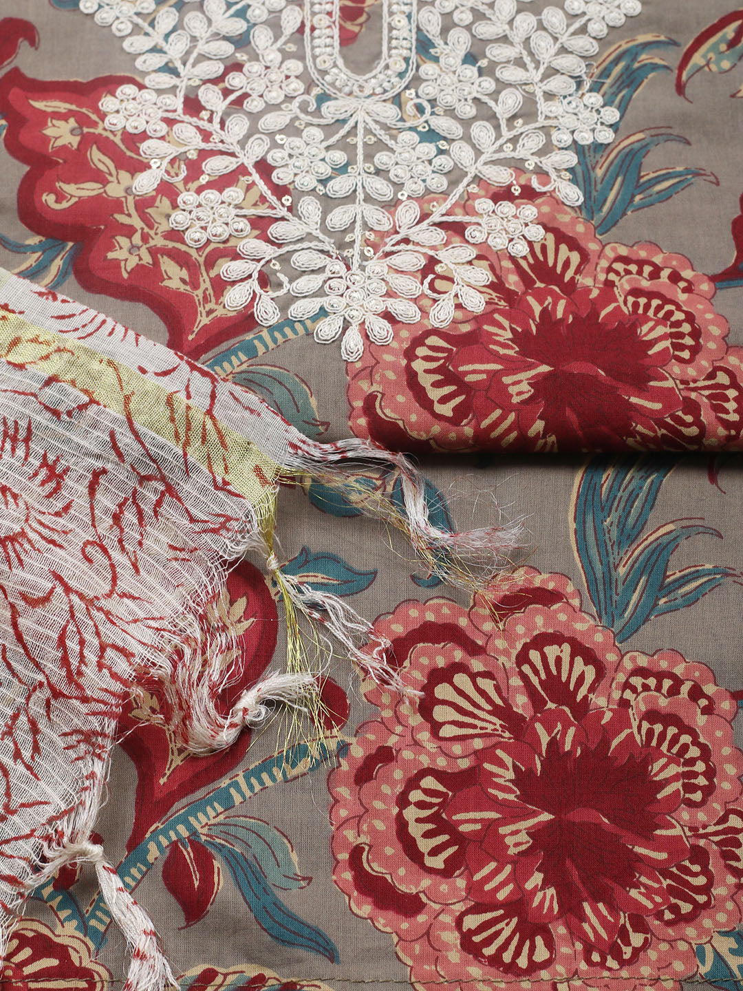 Printed Cotton Blend Unstitched Suit With Pant &amp; Dupatta