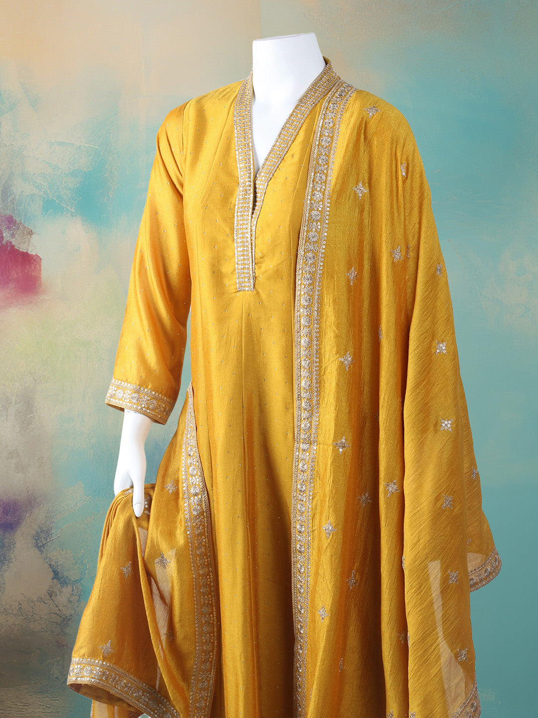 Embelished Art Silk Stitched Kurta With Pant &amp; Dupatta