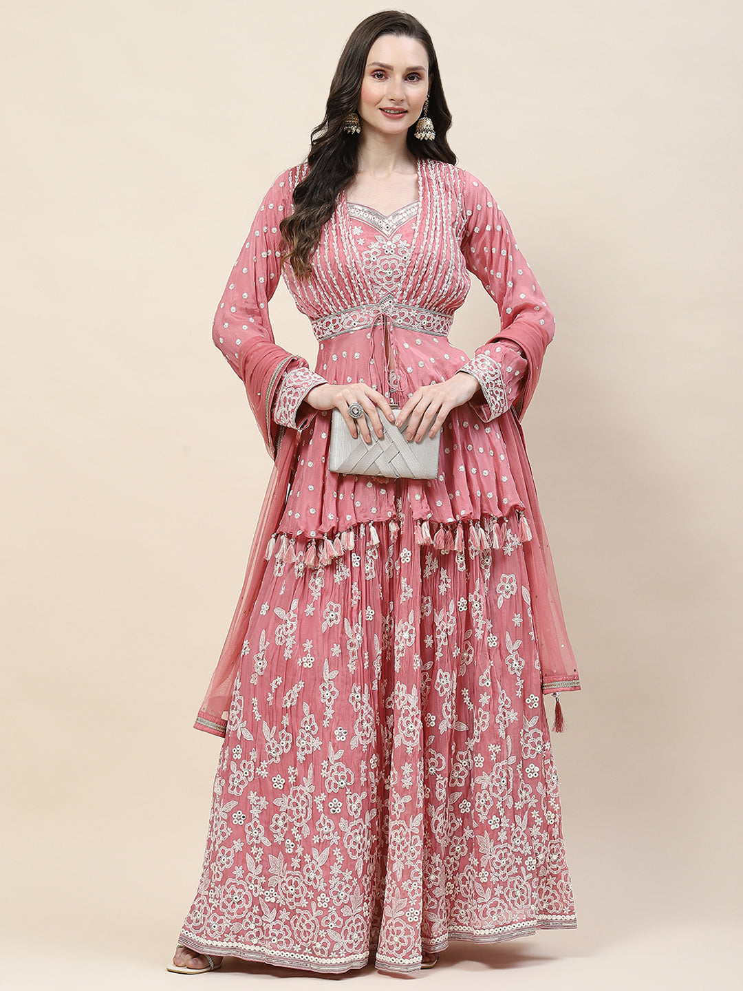 Resham Jaal Embroidery Crepe Choli  Jacket With Lehenga & Dupatta