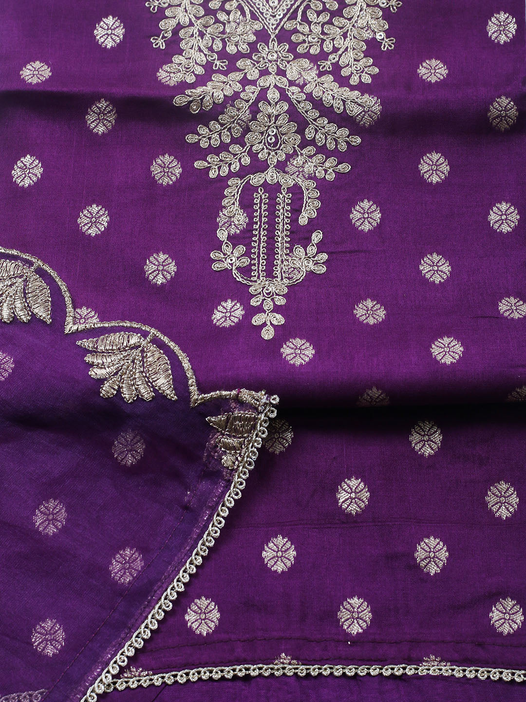 Embroidered Chanderi Unstitched Suit With Pant &amp; Dupatta