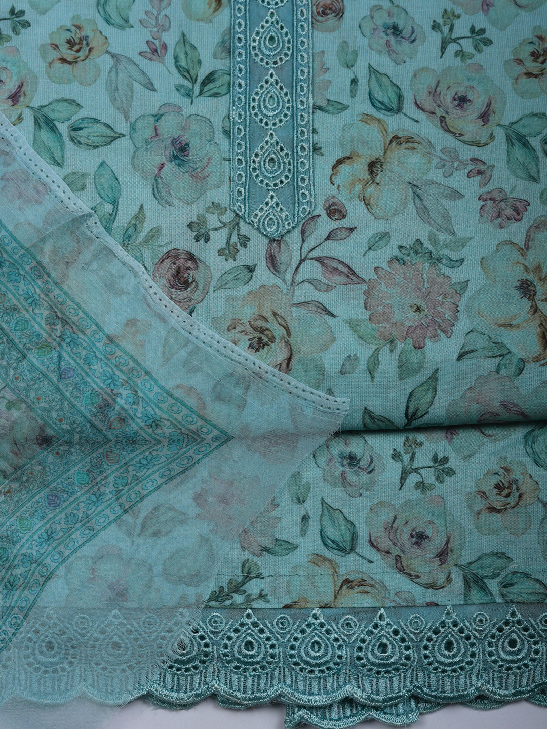 Embroidered Cotton Blend Unstitched Suit With Pant &amp; Dupatta