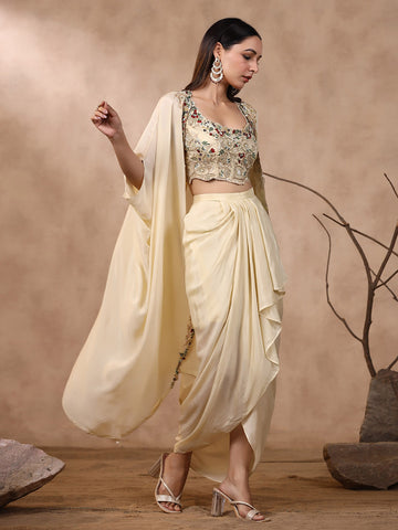 Thread Embroidered Crepe Choli With Pleated Skirt